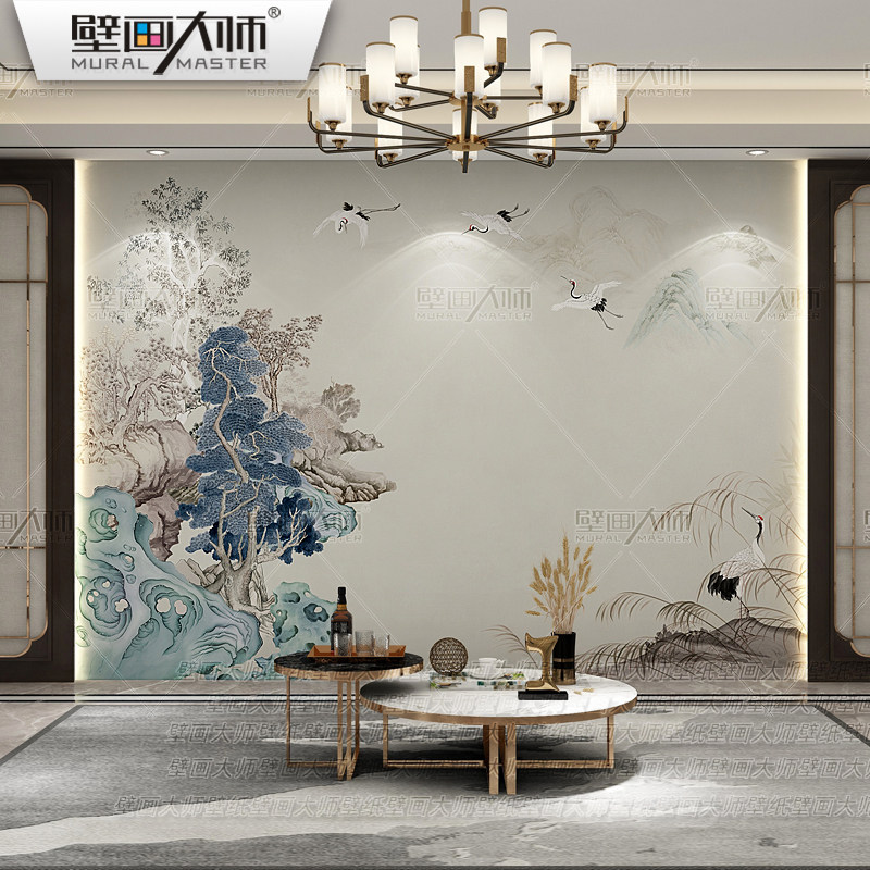 古典新墙布客厅电视背景墙壁纸国潮山水壁布卧室墙纸仙鹤壁画,家装主材,定制壁画,淘宝优惠券,粉丝福利购,淘宝优惠卷