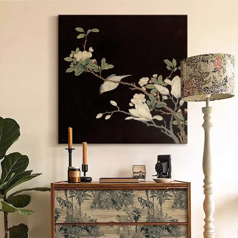 复古法式植物花卉挂画玄关卧室边柜珍珠链八角防水油画布装饰画图片