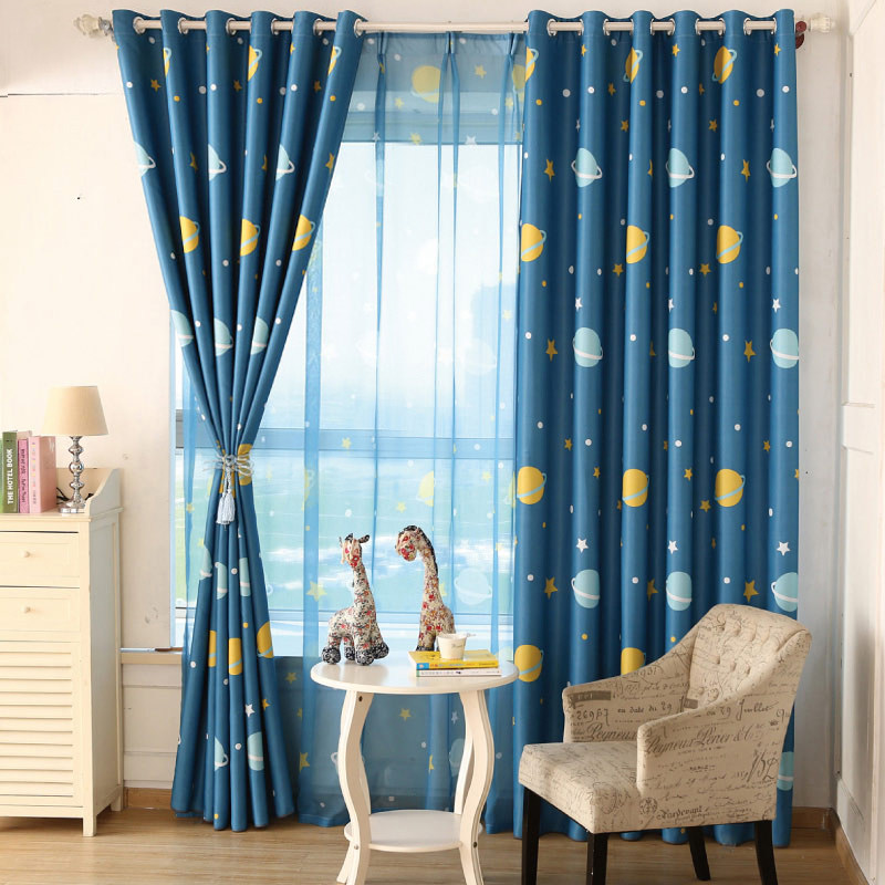 定制星球卧室儿童房男孩卡通蓝色飘窗落地窗帘成品遮光遮阳布