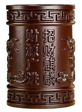 黑檀木雕麒麟笔筒工艺品办公室书桌家居客厅木质笔筒送礼