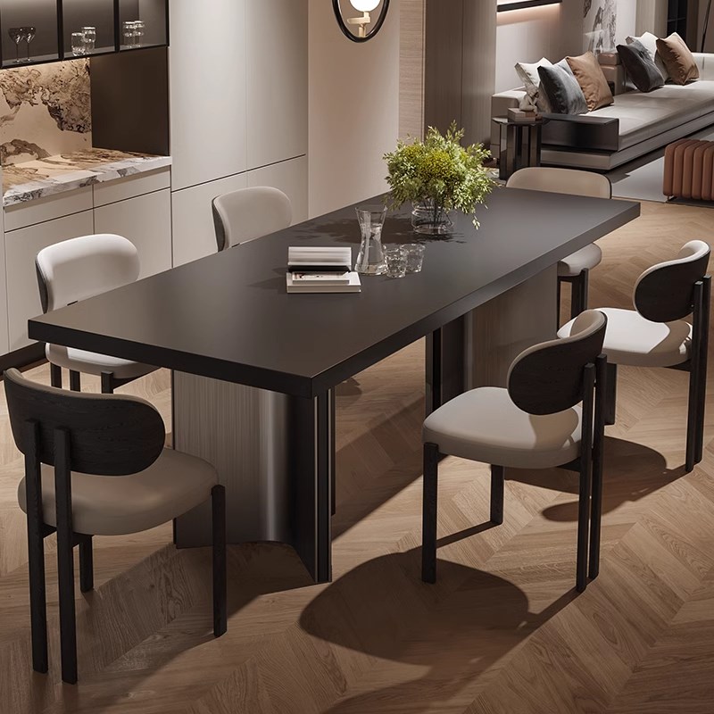 意式现代复古风纯黑下挂岩板餐桌椅大户型茶桌大板桌岛台