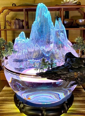 中式玻璃鱼缸办公室家居商铺装饰品峰山水起创意山水摆件