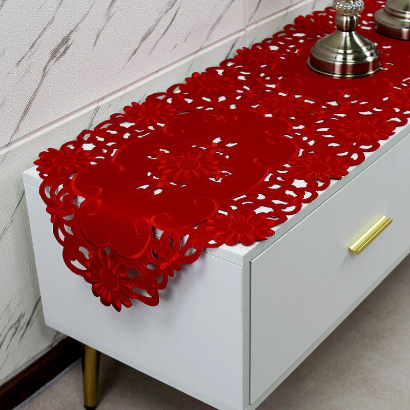 刺绣电视柜盖布红色喜庆电视桌盖巾喜庆新婚婚房盖布大红布艺喜庆