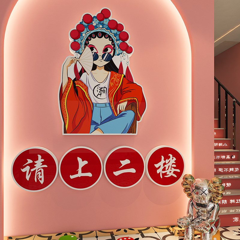 欢迎光临墙贴纸挂画楼梯二楼指示牌国潮餐饮文化火锅饭店墙面装饰