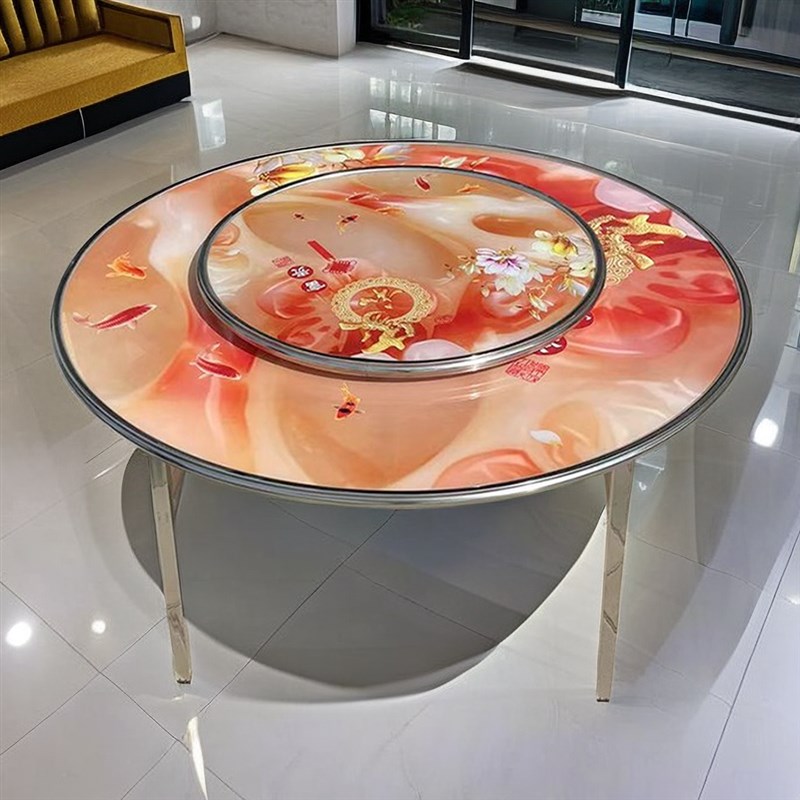 不锈钢圆桌折叠桌子彩色钢化玻璃面带转盘家用餐桌饭桌喜庆酒席桌