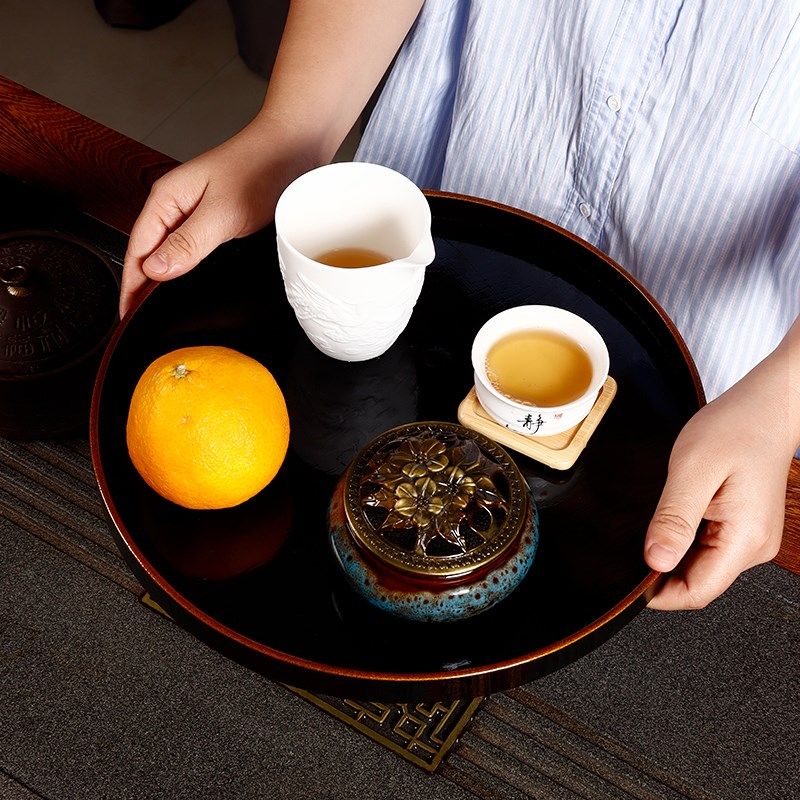 漆器茶盘托盘黑色圆形大漆工艺金边茶具壶承端复古风木盘子,特色手工艺,漆器,淘宝优惠券,粉丝福利购,淘宝优惠卷