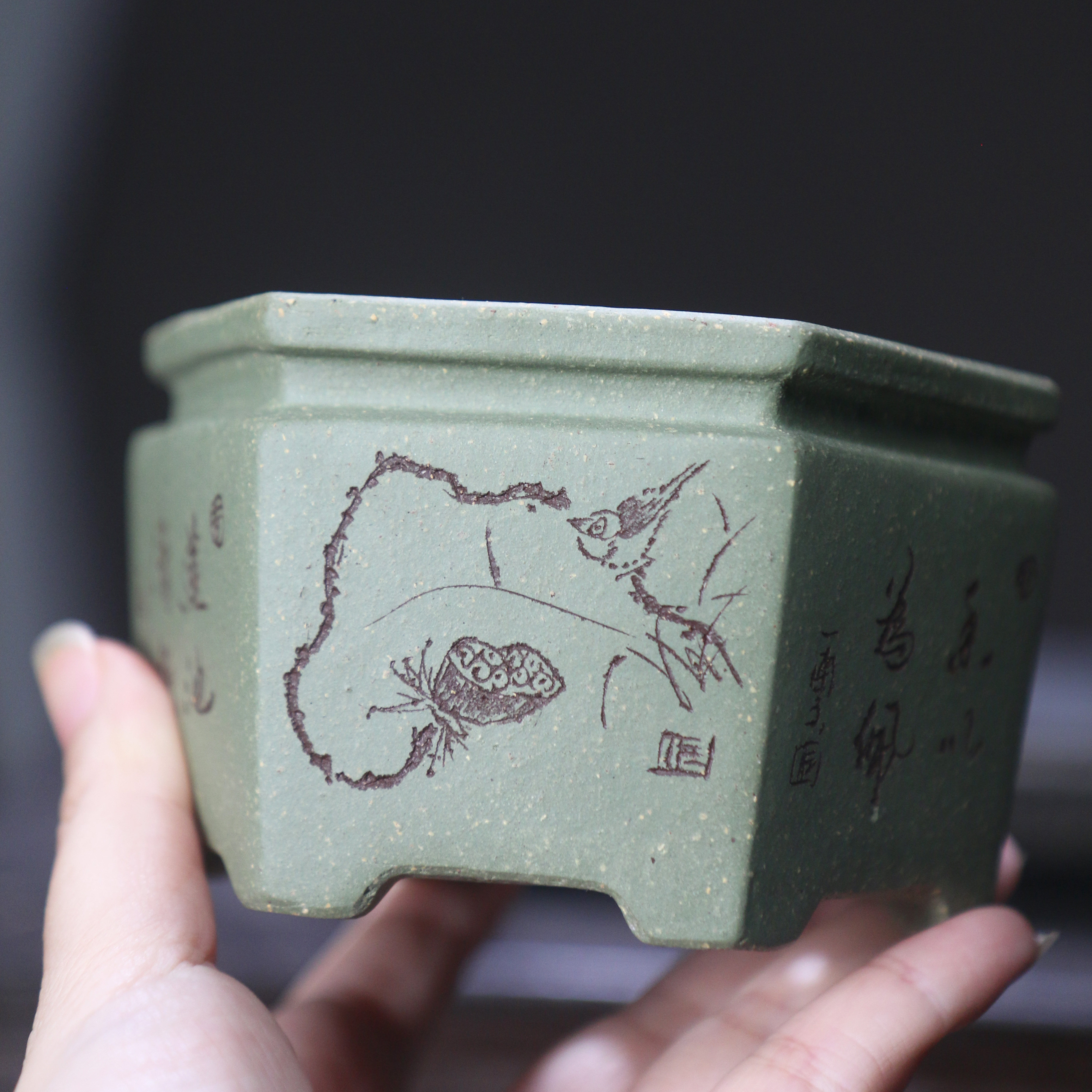 紫砂花盆刻绘小盆手工盆景盆绿泥降坡泥苏兵名家盆六方形菖蒲盆