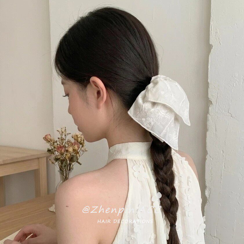 春夏蕾丝刺绣蝴蝶结方巾大肠发圈