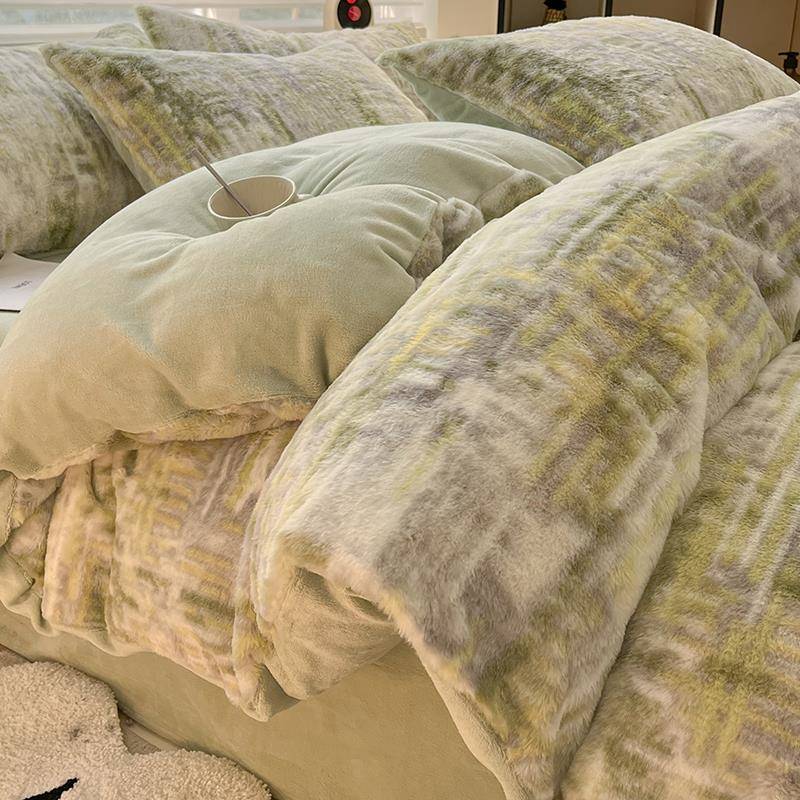 冬季加厚兔毛绒床上四件套珊瑚法兰绒面被套床品床单人床笠三件套