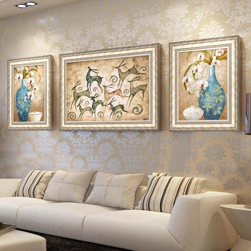 欧式壁画客厅动物装饰画发财鹿油画大气组合墙面挂画