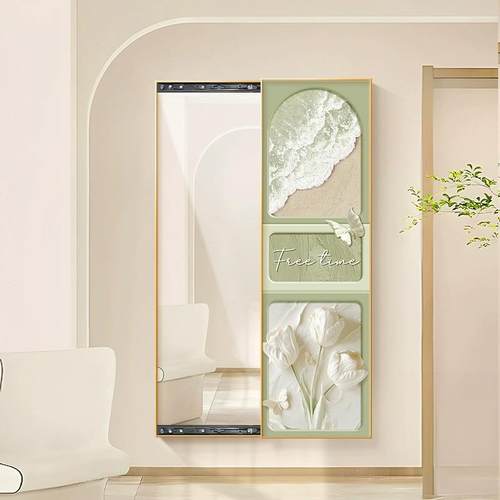 奶油风隐形推拉全身镜带钟表贴墙可关闭穿衣镜隐藏式镜子玄关挂画
