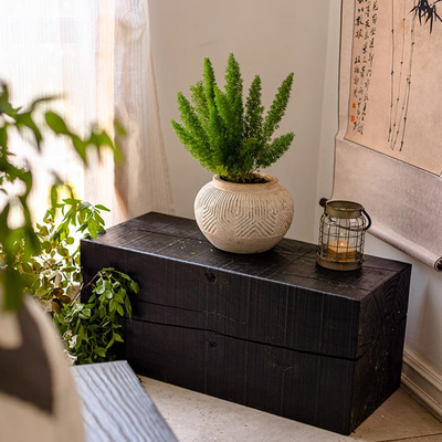 侘寂风实木方形黑色木墩仿古置物台架软装展示台民宿装饰摆饰