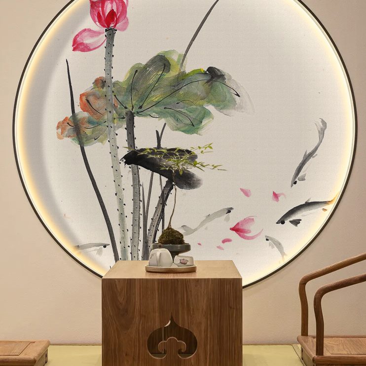 新中式玄关装饰画家布圈圆背景墙荷花壁纸走廊和九过道定制鱼圆形图片