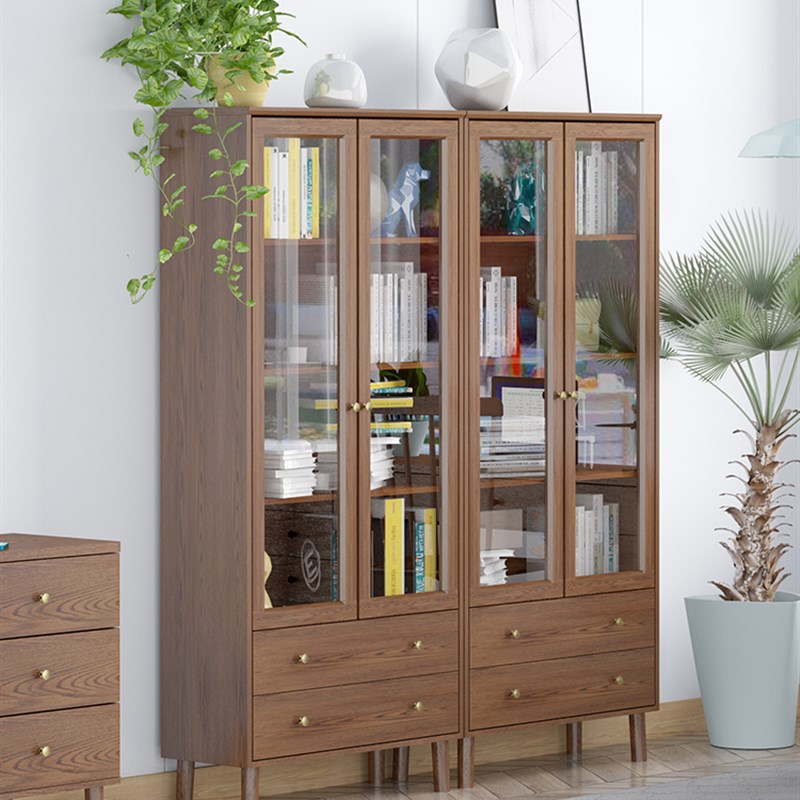 全实木书柜置物柜家用防尘玻璃落地带门橡K木展示柜客厅收纳储物