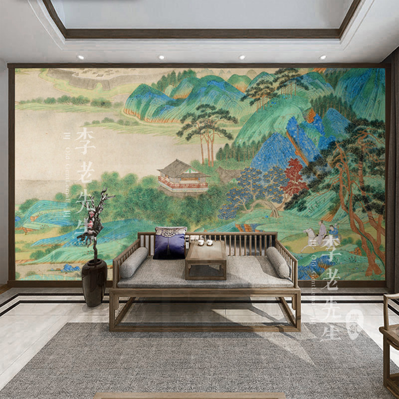 送浔图壁纸新山水国画墙纸酒店复古拍照背景墙青绿山水画摄影