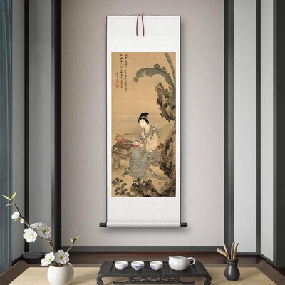 明 唐伯虎红叶题诗仕女客厅书房茶室饰画挂画玄卷轴