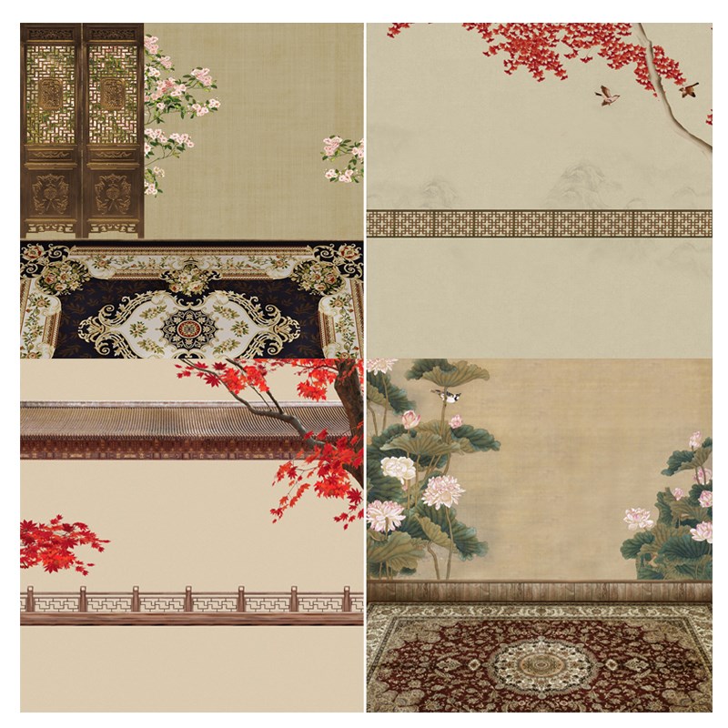 工笔画全家福摄影背景布中古画意儿童艺术照拍照背景