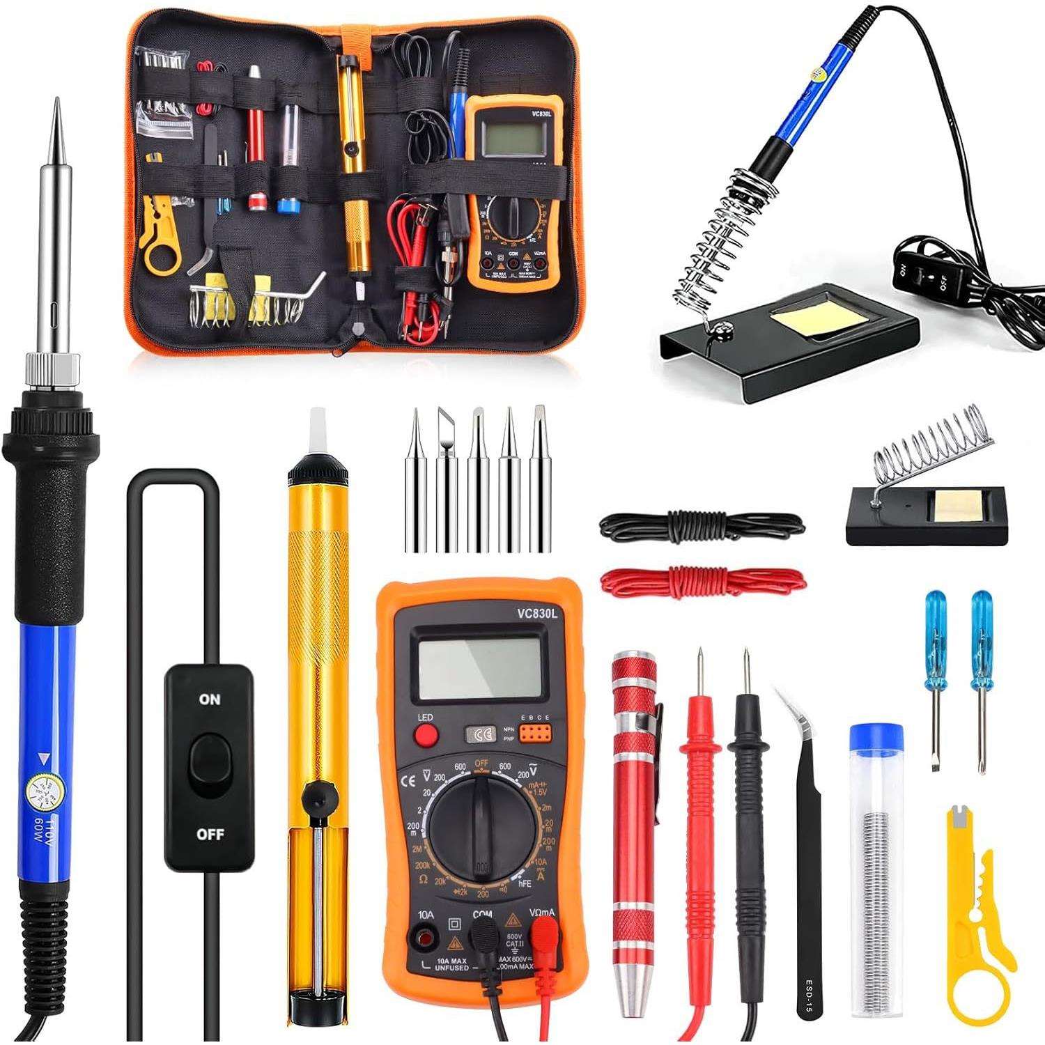 Soldering Iron Kit 60W带开关电烙铁可调温焊锡VC830万用表工具