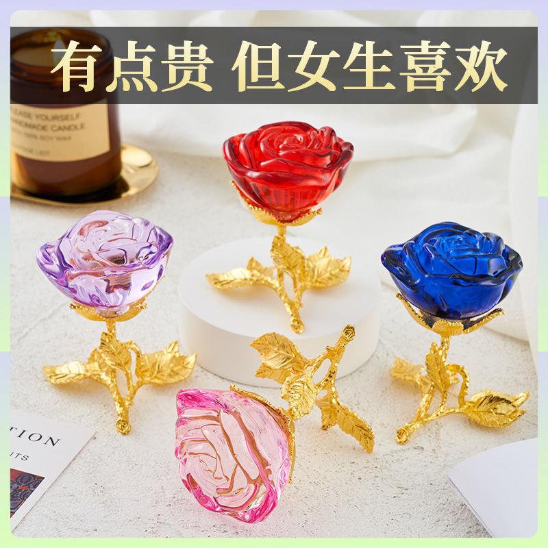 玫瑰花摆件水晶工艺品摆设品花朵情人节七夕520送女友车载随身带