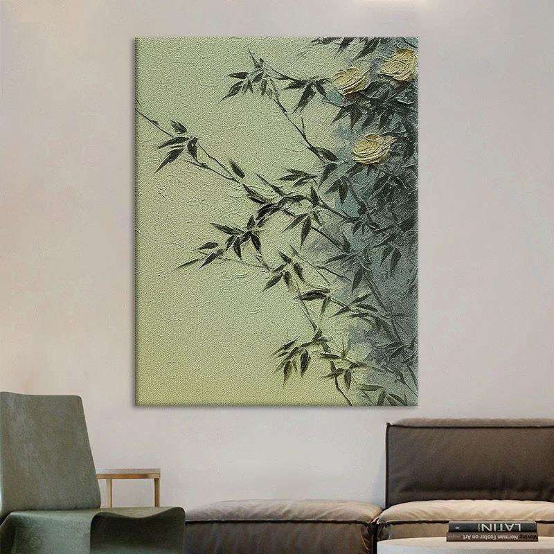 新中式墨绿色竹子客厅装饰画肌理纯手绘中古风玄关书房茶室挂画
