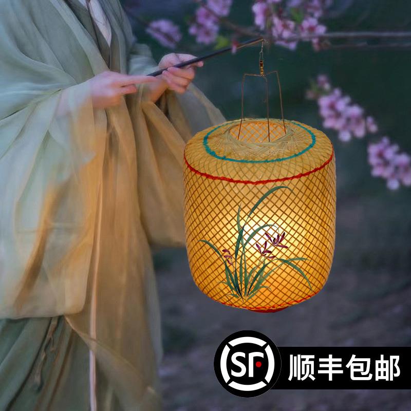 竹编油纸灯笼古风手提汉服手持物夜景拍照影视道具中式形发光灯罩