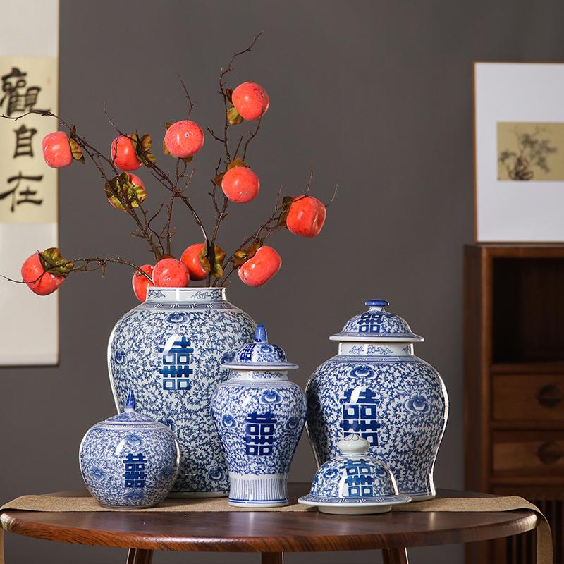 青花储物罐摆件家居客厅青花瓷花瓶装饰品插花瓷器中式陶瓷摆件