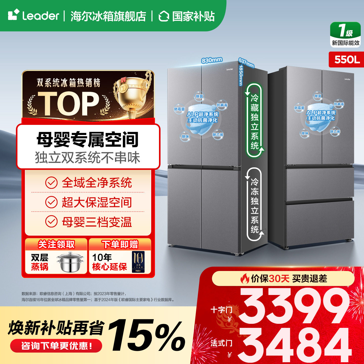 【双循环系统】海尔出品统帅冰箱550L法式多开门一级变频官方正品