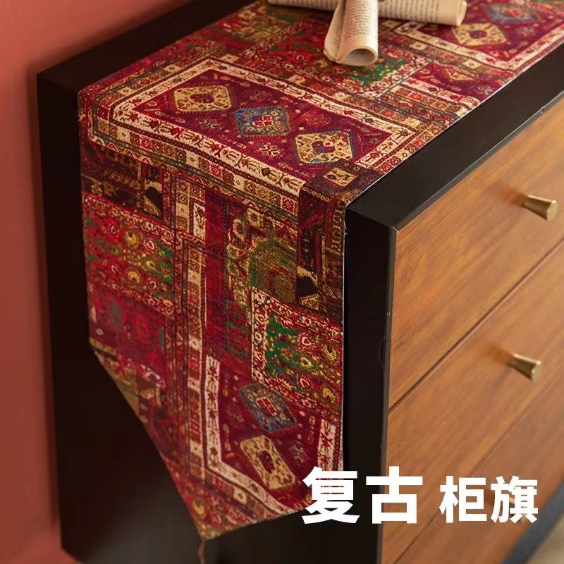 印桌旗麻欧式复古红色餐桌餐边柜斗柜电视柜盖布柜旗长条桌布