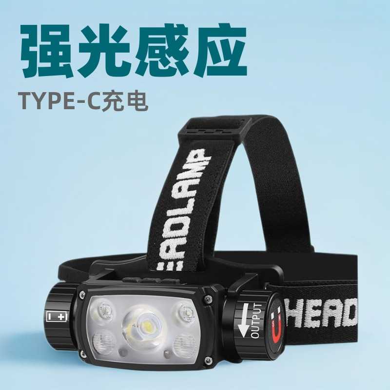 新款户外强光头灯TYPE-C充电感应夜钓照明灯磁吸超亮工作头灯