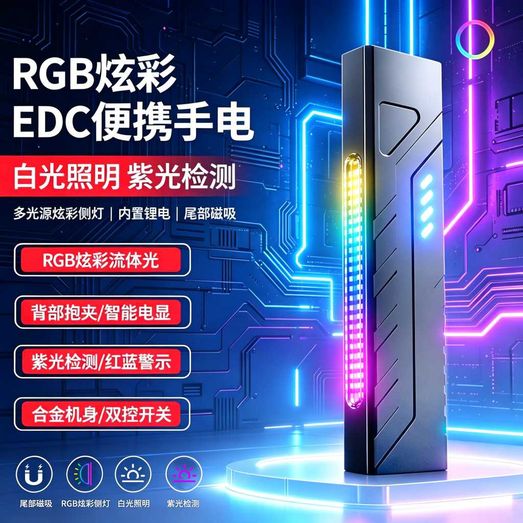 EDC手电筒强光超亮多光源R侧灯紫光灯露营户外充电应急灯