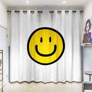 笑脸绘图集合定制粗麻长帘个性潮流风卧室客厅挂钩遮光打孔窗帘布