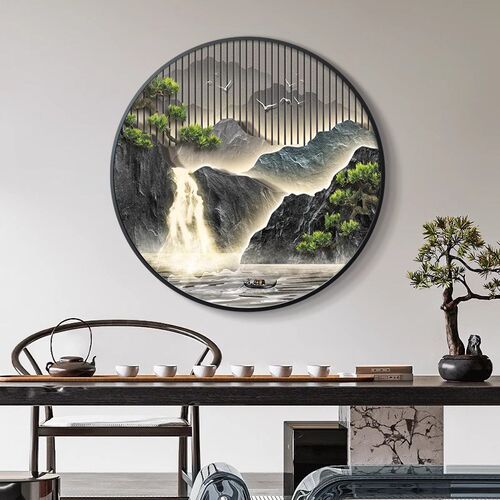 带灯玄关装饰画正对墙客厅茶室壁灯画流水生财山水圆形挂画