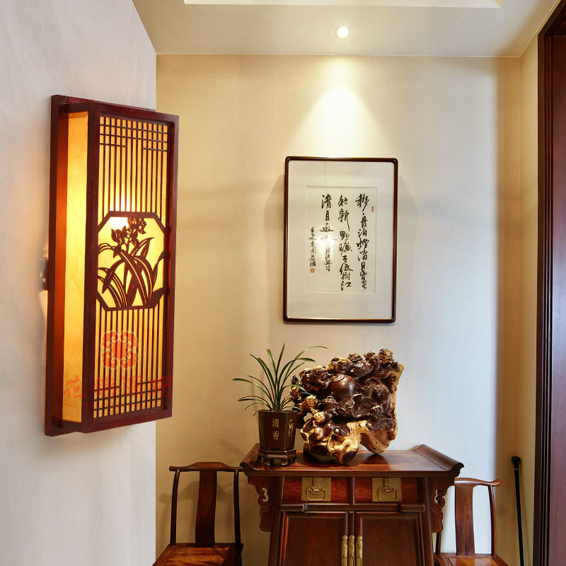 中式木艺壁灯 创意仿古实木回形壁灯 茶楼会所过道壁灯仿羊皮灯