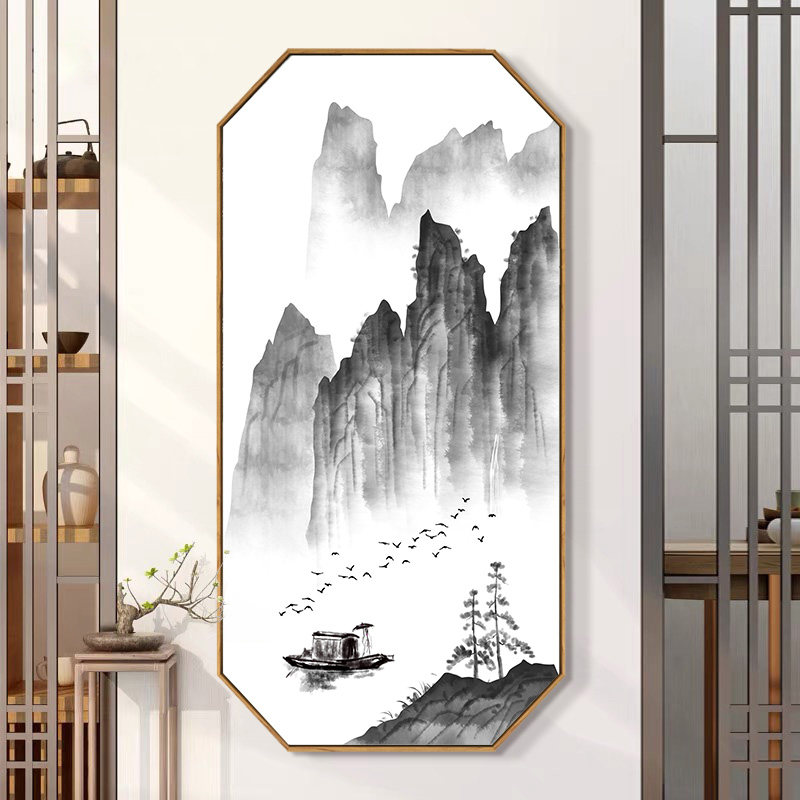 山水玄关饰画黑白水墨茶社走廊挂画靠山图背景墙新风景壁画