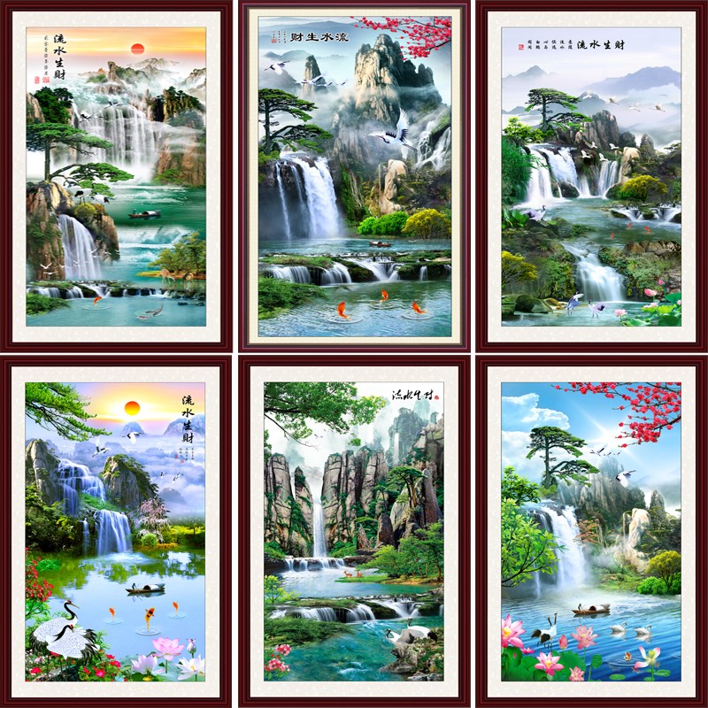 现代装饰画客厅沙发玄关过道背景墙山水风景迎客松流水生财定制图片