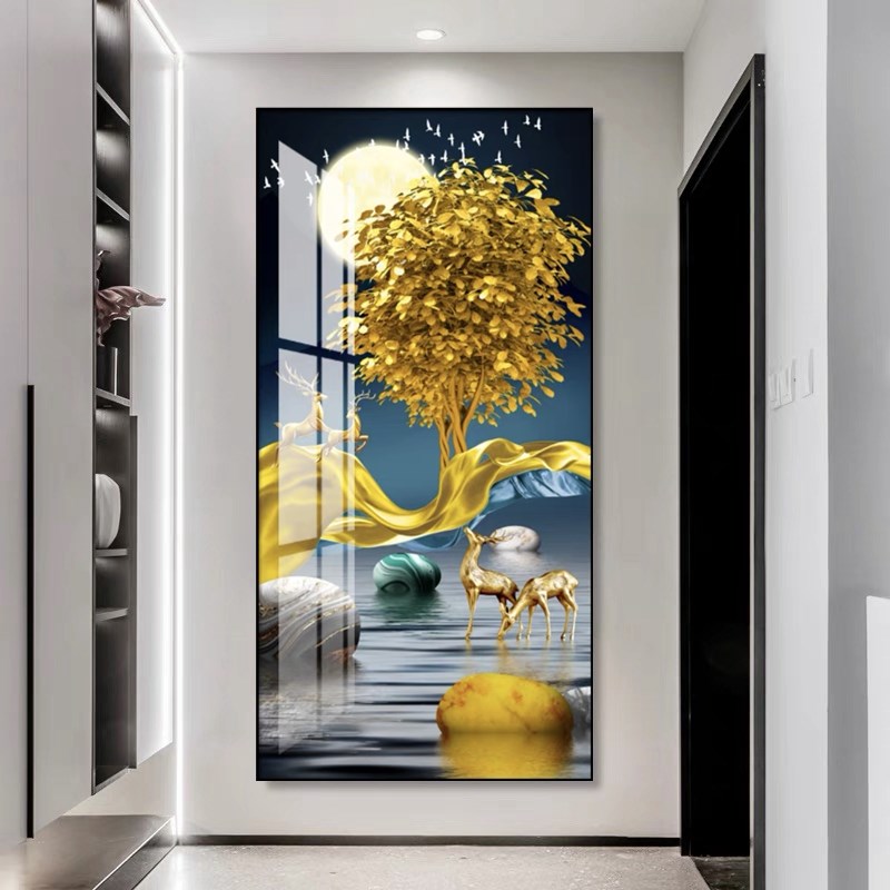 福鹿招财玄关装饰画现代简约进门走廊过道壁画轻奢入户玄幻晶瓷画图片