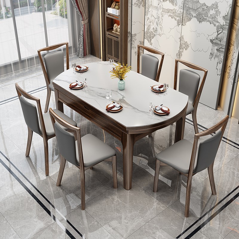 餐桌家用可变圆桌现代中式实木伸缩小户型圆形岩板吃饭桌乌金木色