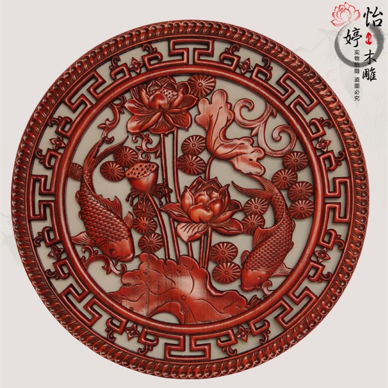 东阳木雕挂件中式客厅玄关入户背景墙装饰画实木圆形雕刻福字壁挂图片