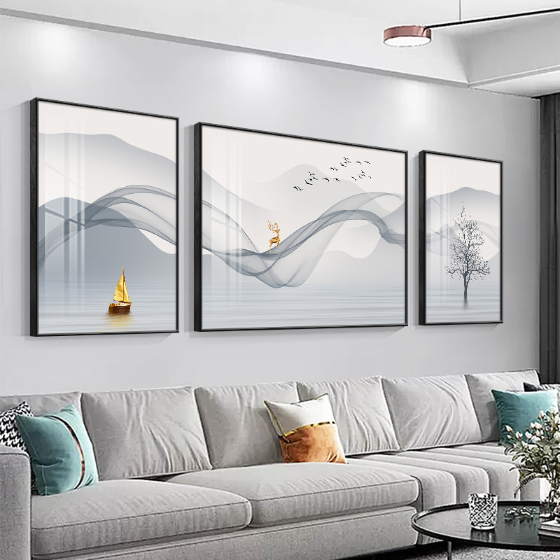 现代轻奢福鹿双全客厅装饰画山水画高档大气挂画沙发背景墙三联画图片