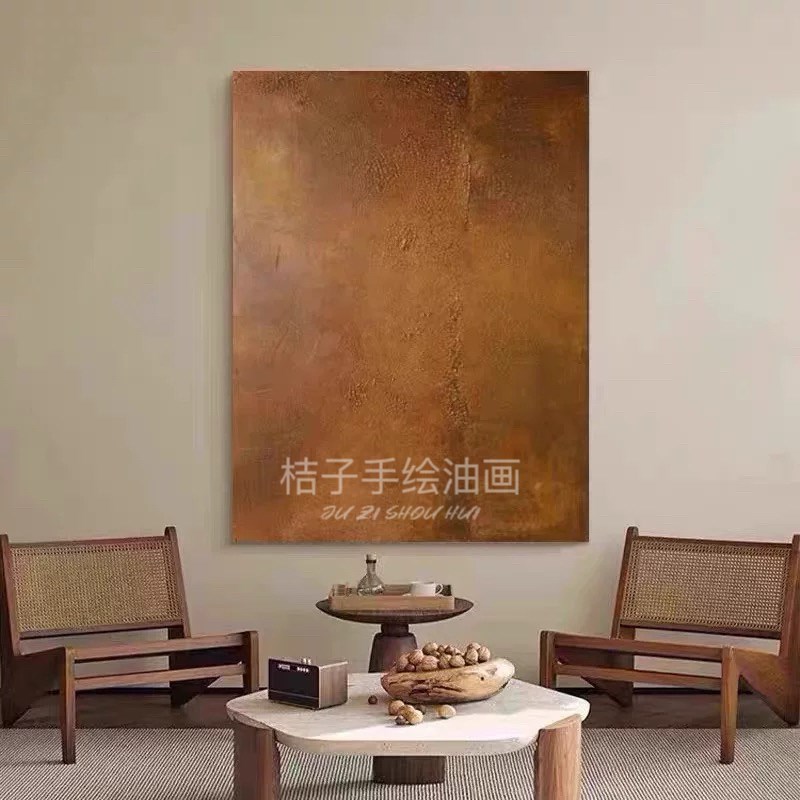 纯手绘油画客厅侘寂风装饰画玄关抽象肌理设计师民宿现代简约挂画图片