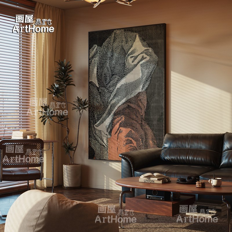 现代中古风客厅沙发背景墙抽象装饰画酒店玄关走廊壁画卧室挂画图片