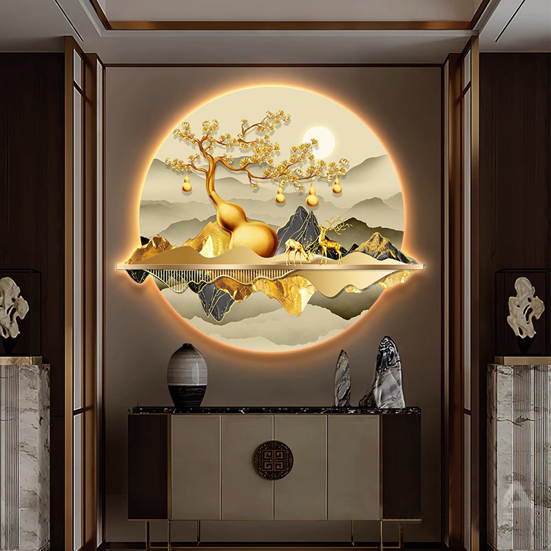 五福临门葫芦入户玄关装饰画走廊过道挂画客厅背景墙山水画壁灯画图片