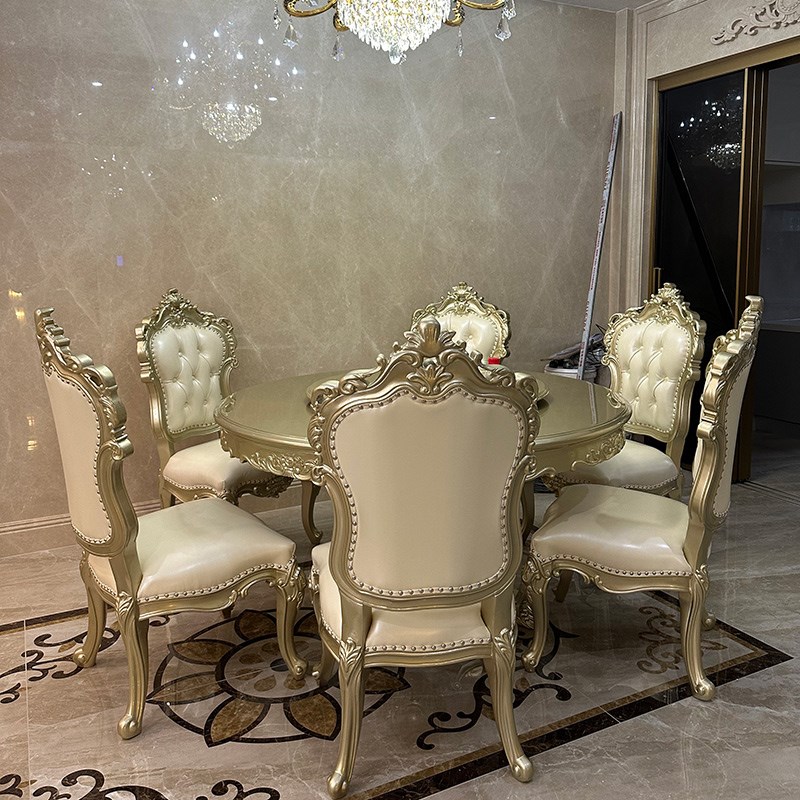 法式圆餐桌奢华简约别墅套房餐厅实木餐桌欧式香槟色烤漆一桌六椅