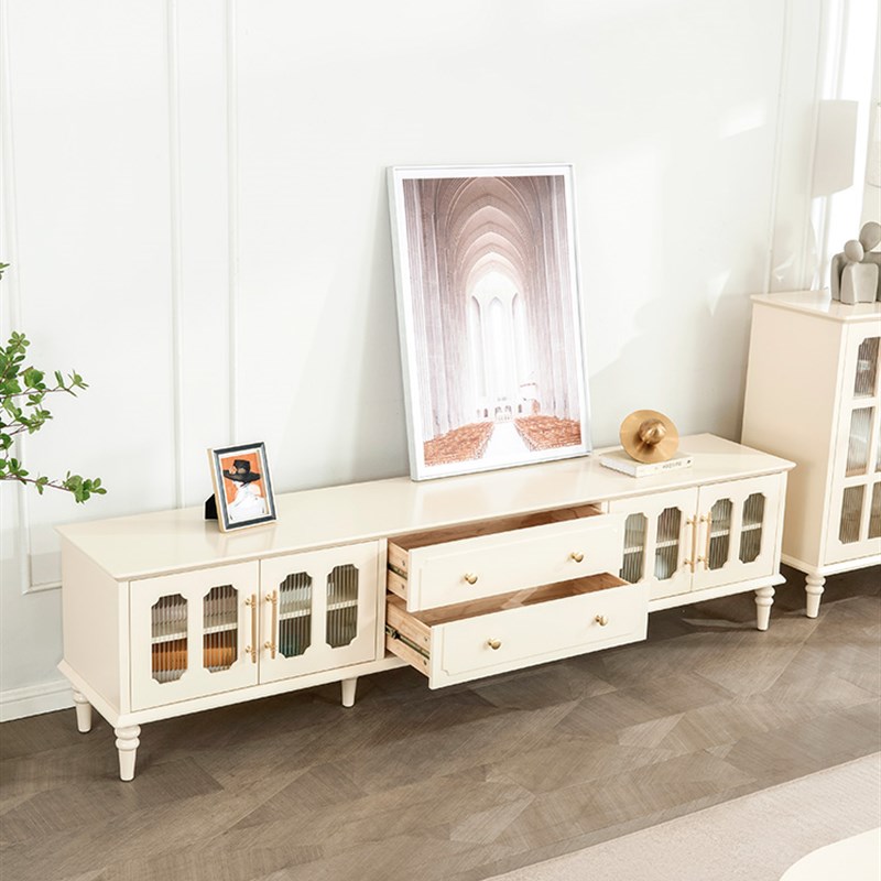 法式奶油风实木电视柜小户型客厅白色茶几电视柜家用复古地柜
