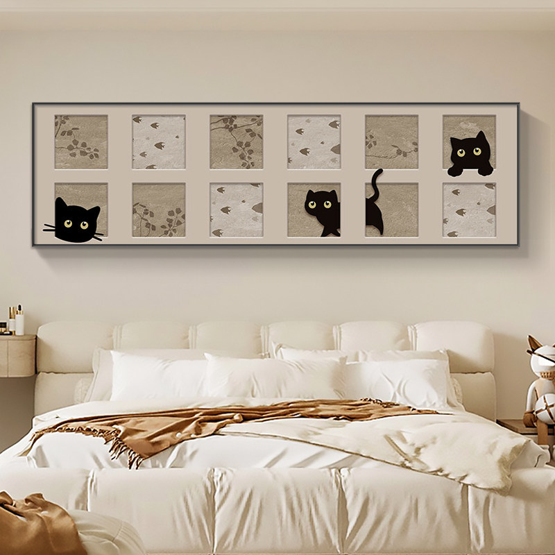 侘寂风抽象创意猫咪卧室背景墙装饰画风卧床头高级感挂画,家居饰品,现代装饰画,淘宝优惠券,粉丝福利购,淘宝优惠卷