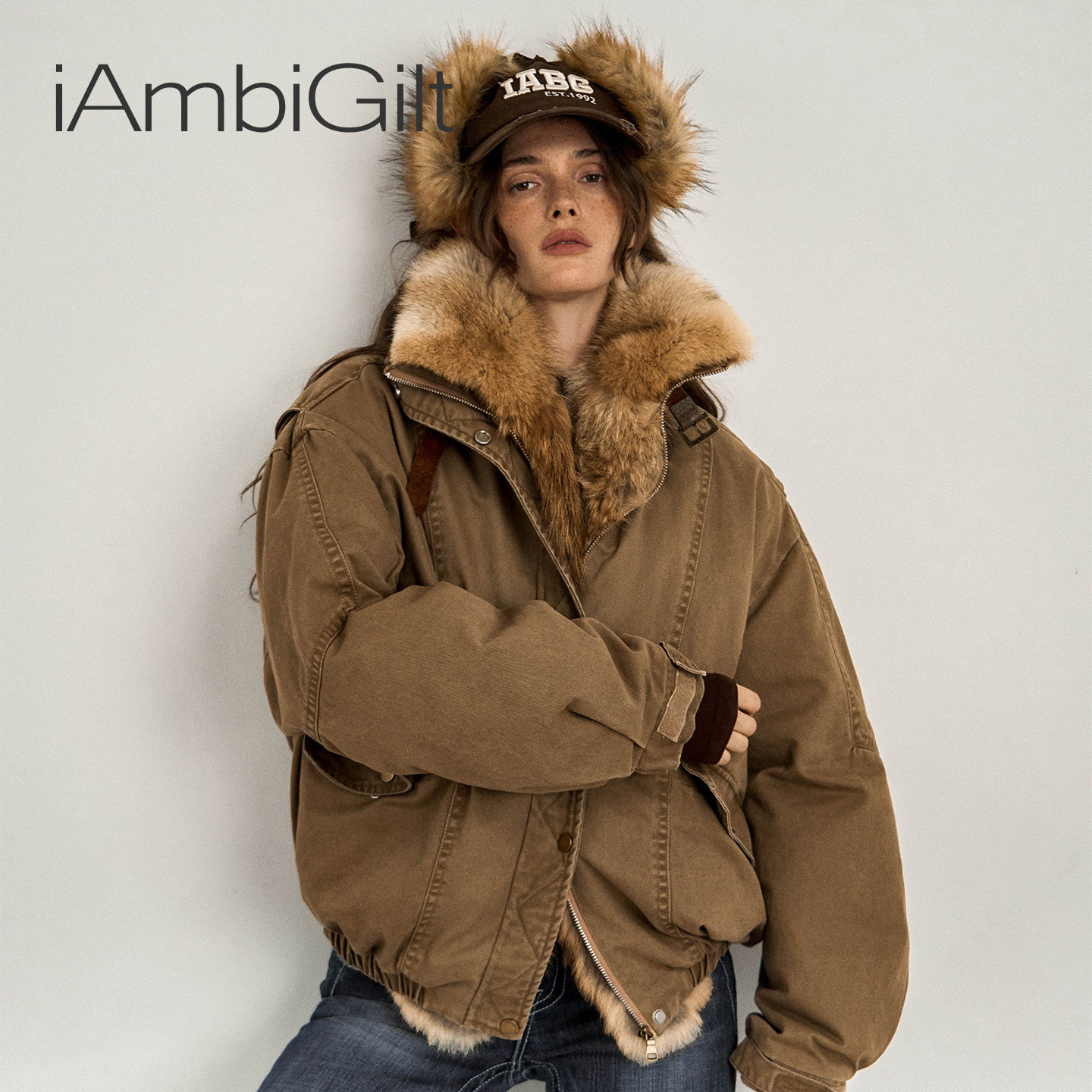 iAmbiGilt貉子皮草毛领羽绒派克服女2025冬新款水洗复古鸭绒外套