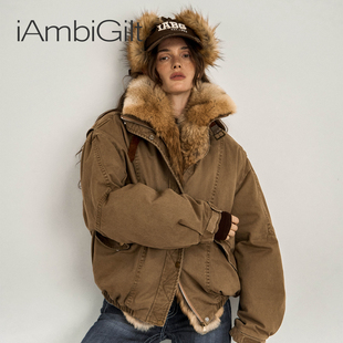 iAmbiGilt貉子皮草毛领羽绒派克服女2025冬新款 水洗复古鸭绒外套