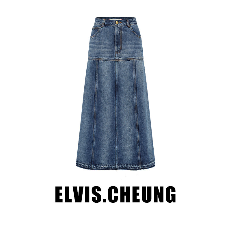 ELVIS.CHEUNG春夏新品复古水洗牛仔毛边包臀A摆裙半身裙长裙