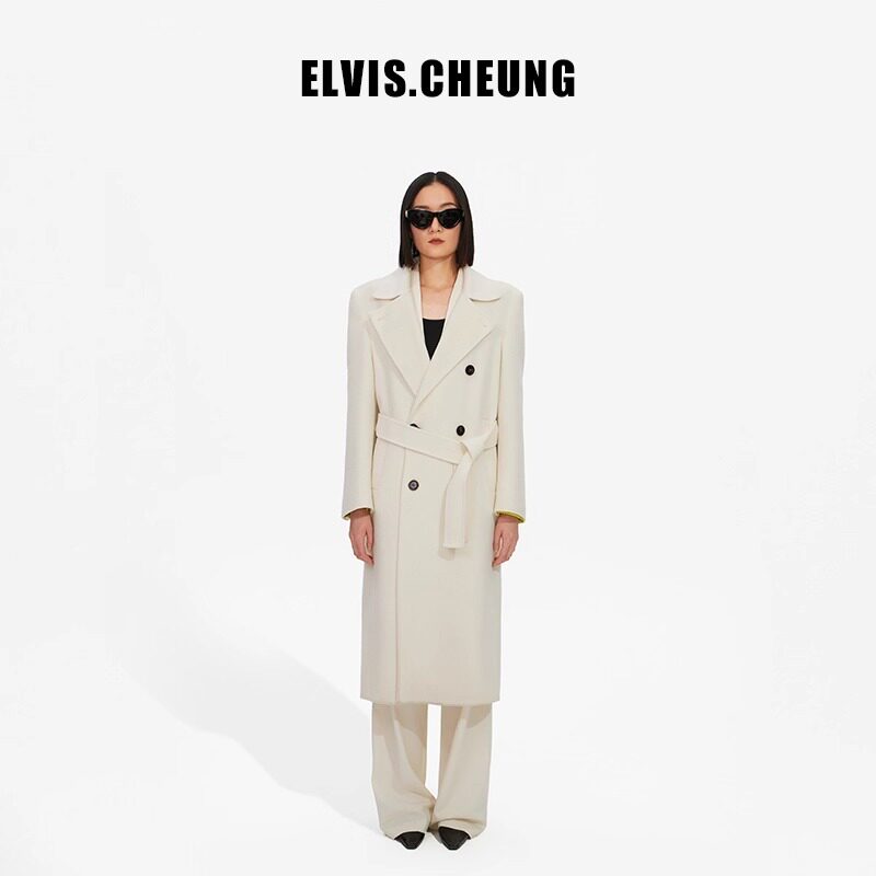 ELVIS.CHEUNG秋冬新品彩色羊绒双面呢H版大衣双排扣长款外套女