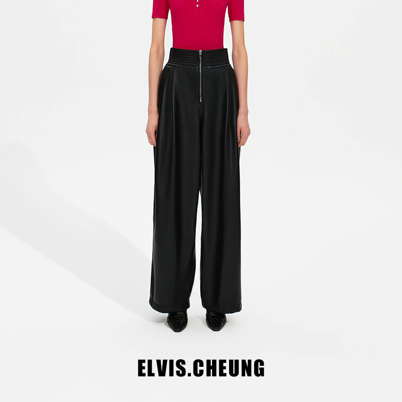 ELVIS.CHEUNG小众设计师蛋白PU皮高腰拉链宽松阔腿休闲长裤女神裤